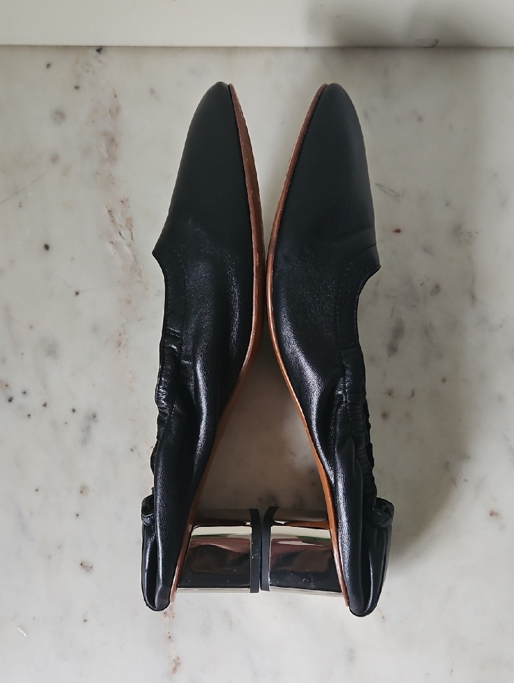 ROBERT CLERGERIE: Soft Stretch Black Nappa Leather Silver Sculptural Block Heels - Picture 4 of 8
